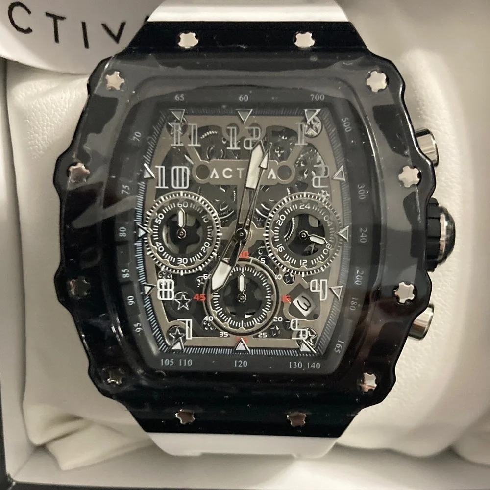 Activa Watch w/ Skeleton Dial 44.3mm, White strap black face (ACW2305-018)